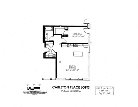 Floor plan for 1 bed, 1 bath, 891 sqft